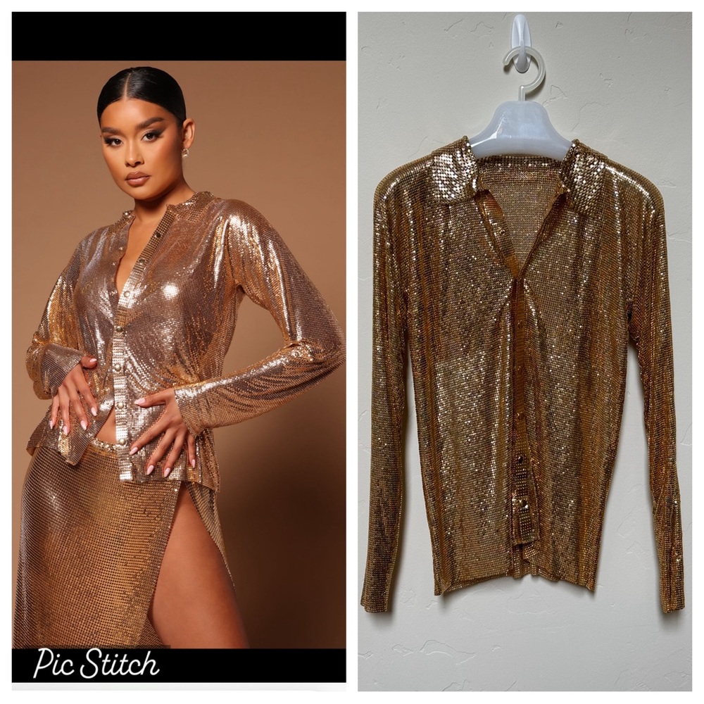 Fashion Nova Luna Chainmail Button Up Top - Gold, Small - NWOT